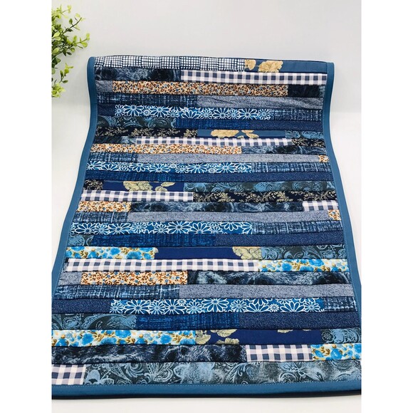 Handmade Quilted Table Runner Navy Blue Ginghams Florals Stepping Blocks 43x15" - Picture 1 of 8